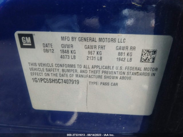 2012 CHEVROLET CRUZE LS VIN: 1G1PC5SH5C7407919