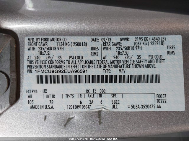 2014 FORD ESCAPE SE VIN: 1FMCU9G92EUA96591