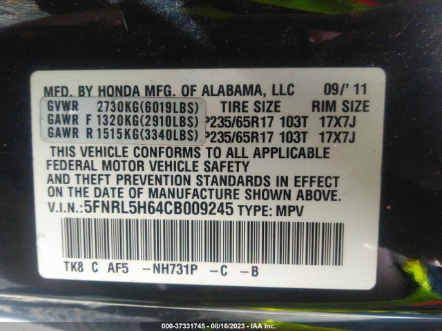 2012 HONDA ODYSSEY EX-L VIN: 5FNRL5H64CB009245