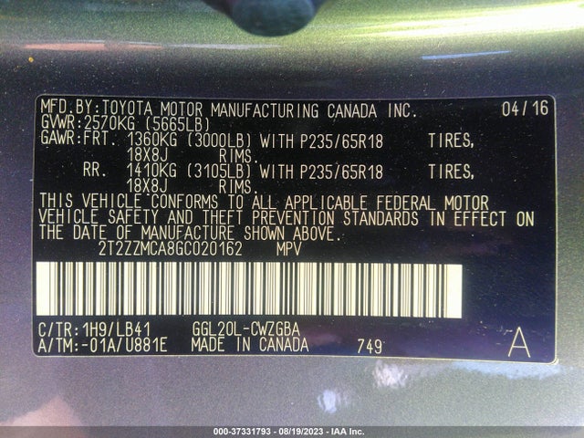 2T2ZZMCA8GC020162 Lexus RX 350