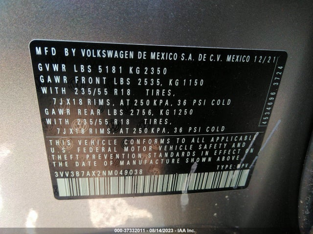 3VV3B7AX2NM049038 Volkswagen TIGUAN SE