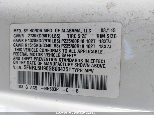 Honda Odyssey Touring 2016 5FNRL5H90GB004351 Image 9