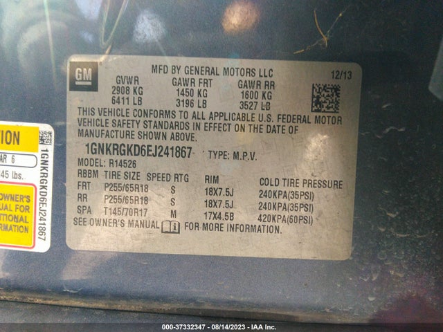 Chevrolet Traverse Lt 2014 1GNKRGKD6EJ241867 Image 9
