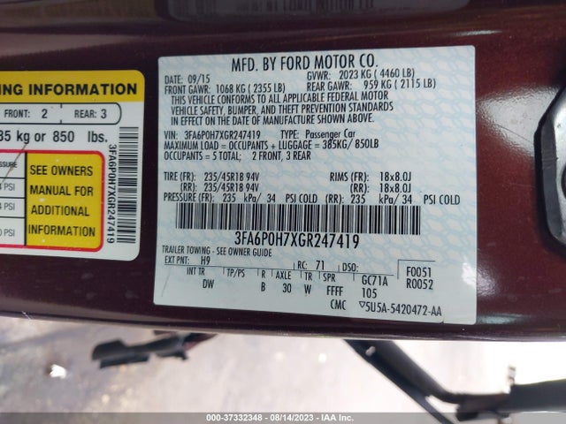 Ford FUSION SE 2016 3FA6P0H7XGR247419 Image 9