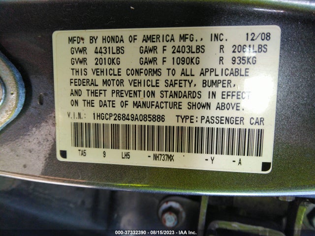 2009 HONDA ACCORD SDN EX-L VIN: 1HGCP26849A085886