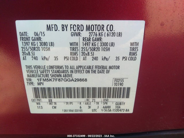 Ford Explorer Limited 2016 1FM5K7F87GGA29868 Image 9