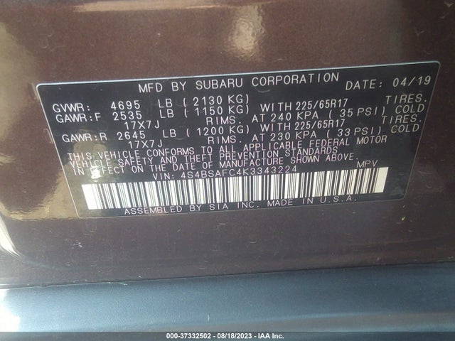 Aukcja sprzedaży 2019 Subaru Outback Premium, vin: 4S4BSAFC4K3343224, numer aukcji: 37332502