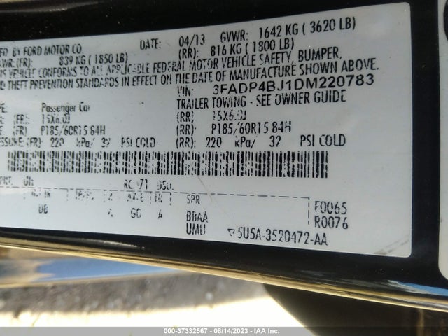 2013 FORD FIESTA SE VIN: 3FADP4BJ1DM220783