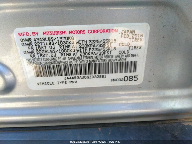 JA4AR3AU0GZ032881 Mitsubishi Outlander Sport 2.0 Es