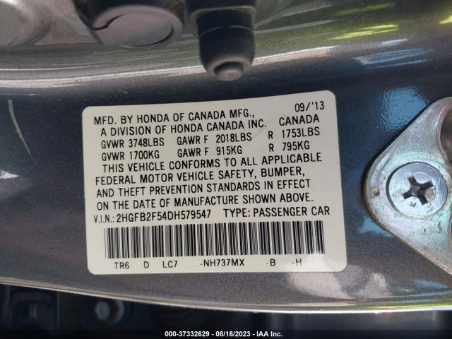 2013 HONDA CIVIC SDN LX VIN: 2HGFB2F54DH579547