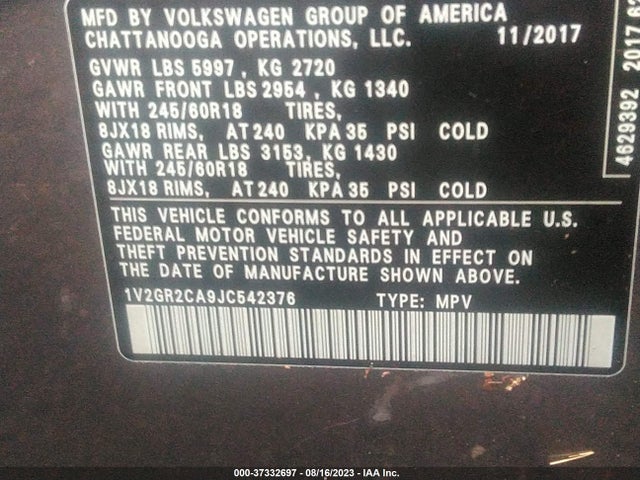 1V2GR2CA9JC542376 Volkswagen Atlas 3.6l V6 S