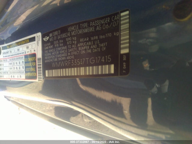 2007 MINI COOPER CONVERTIBLE VIN: WMWRF33517TG17415