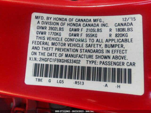2HGFC1F9XGH633402 Honda Civic Sedan Touring