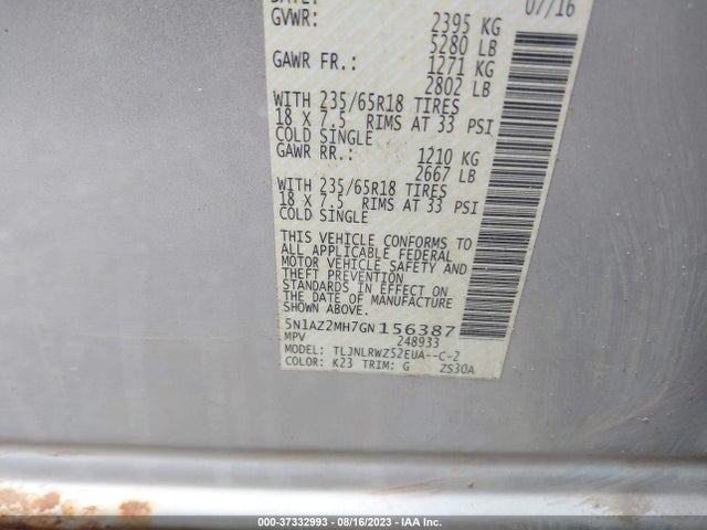 37332993 :رقم المزاد ، 5N1AZ2MH7GN156387 vin ، 2016 Nissan Murano Sl مزاد بيع
