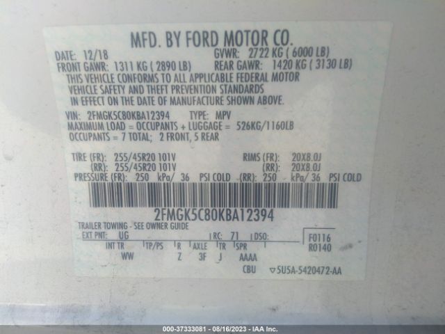 2FMGK5C80KBA12394 Ford FLEX SEL