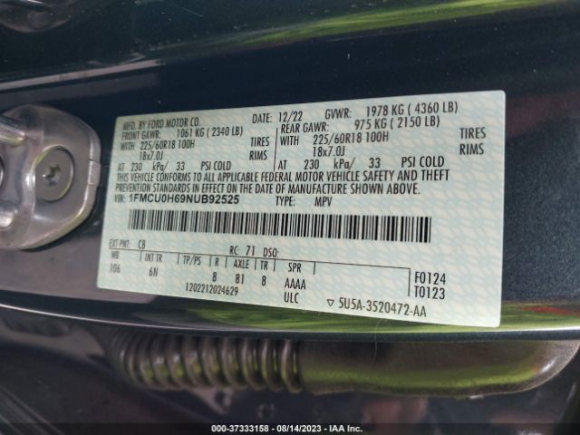 1FMCU0H69NUB92525 Ford ESCAPE SEL