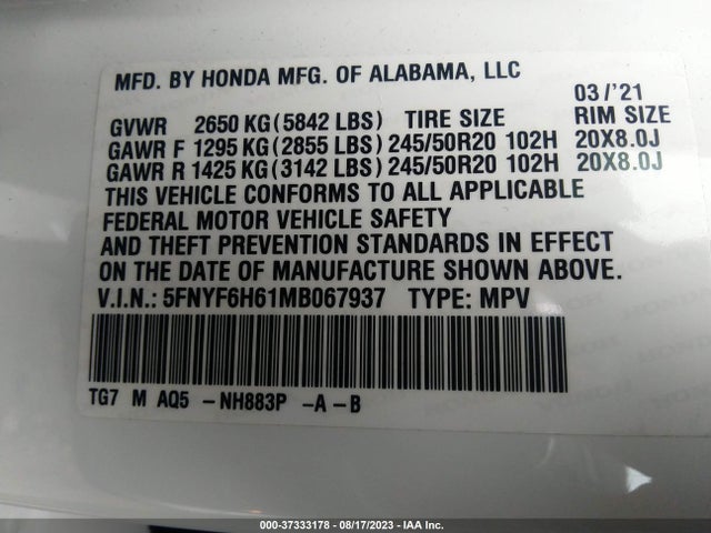 Honda Pilot Touring 7-passenger 2021 5FNYF6H61MB067937 Image 9