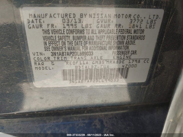 2013 NISSAN SENTRA SV VIN: 3N1AB7AP2DL699033