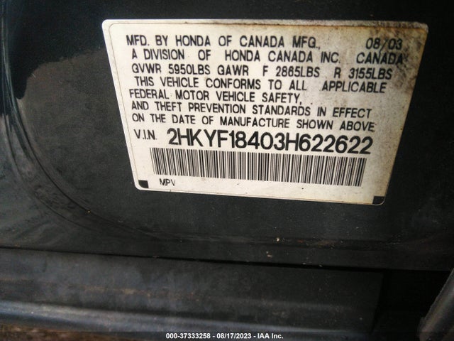 2003 HONDA PILOT EX VIN: 2HKYF18403H622622