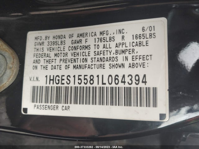 2001 HONDA CIVIC LX VIN: 1HGES15581L064394
