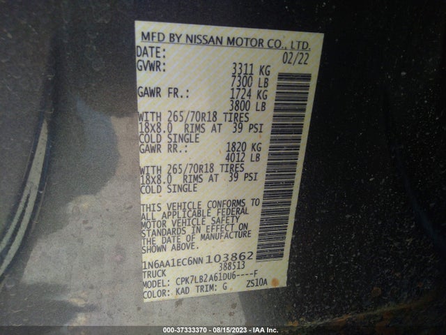 2022 Nissan Titan, VIN: 1N6AA1EC6NN103862