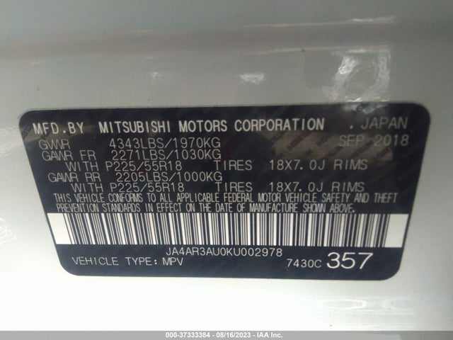 JA4AR3AU0KU002978 Mitsubishi Outlander Sport 2.0