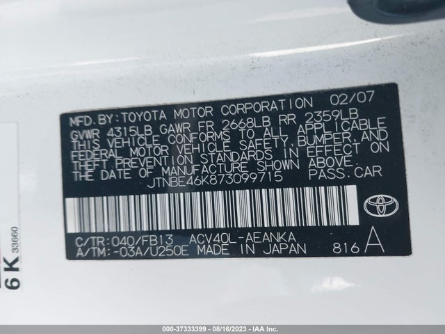 2007 TOYOTA CAMRY CE/LE/SE/XLE VIN: JTNBE46K873099715