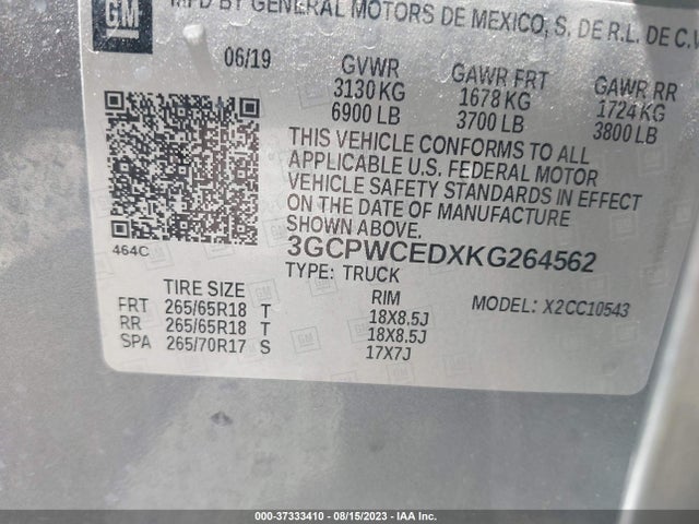 37333410 :رقم المزاد ، 3GCPWCEDXKG264562 vin ، 2019 Chevrolet Silverado 1500 Lt مزاد بيع