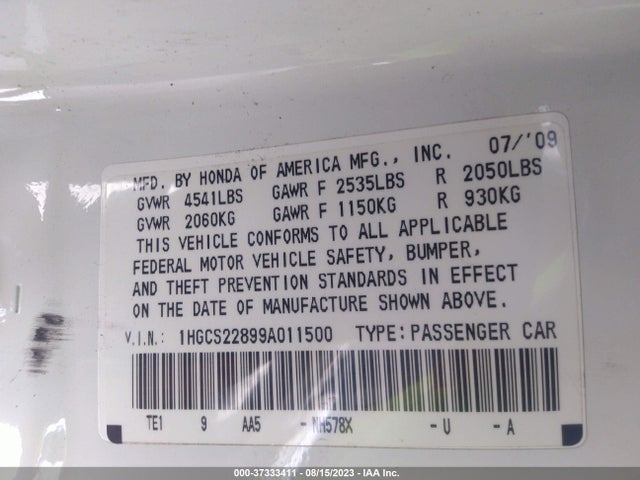2009 HONDA ACCORD CPE EX-L VIN: 1HGCS22899A011500