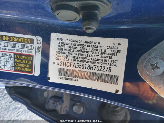 2008 HONDA CIVIC SDN SI VIN: 2HGFA55518H702278