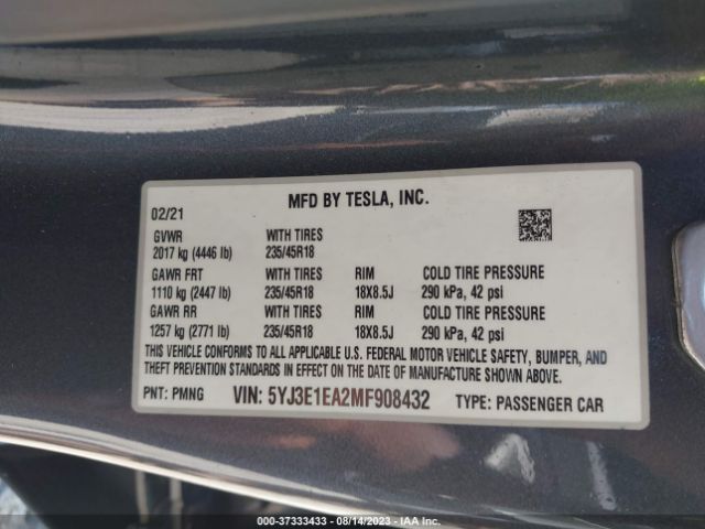 5YJ3E1EA2MF908432 Tesla Model 3 Standard Range Plus