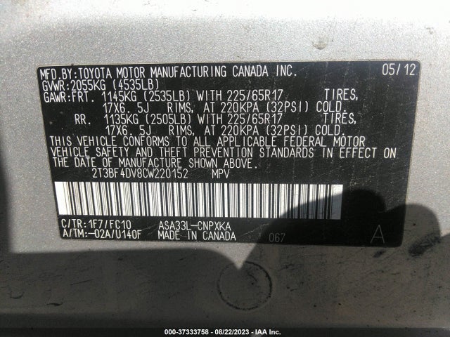 2012 TOYOTA RAV4 VIN: 2T3BF4DV8CW220152