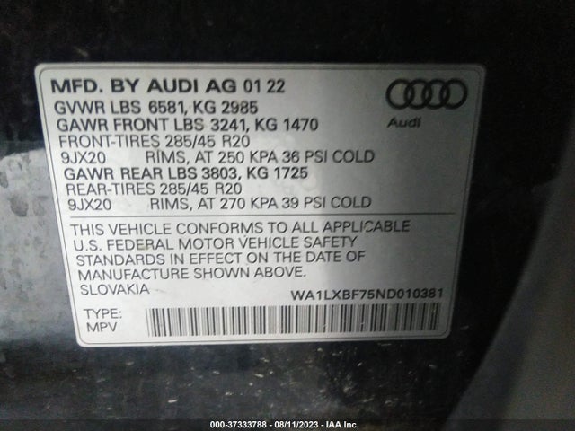 WA1LXBF75ND010381 Audi Q7 Premium Plus