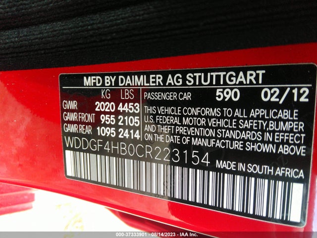 2012 MERCEDES-BENZ C-CLASS C 250 VIN: WDDGF4HB0CR223154