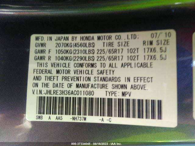 2010 HONDA CR-V LX VIN: JHLRE3H36AC011080