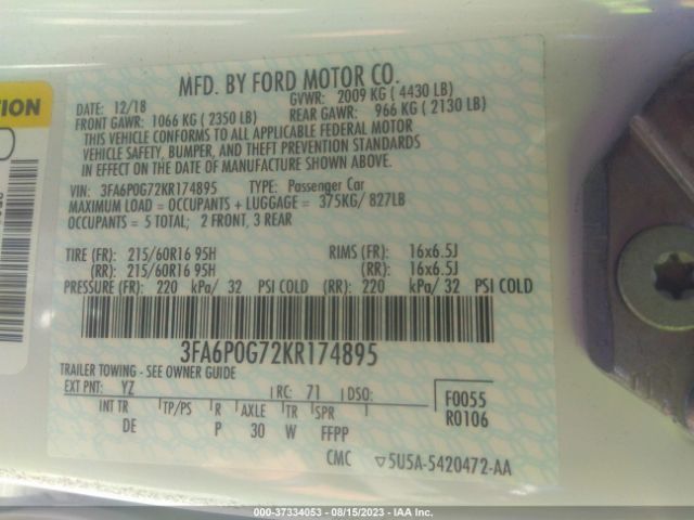 3FA6P0G72KR174895 Ford FUSION S