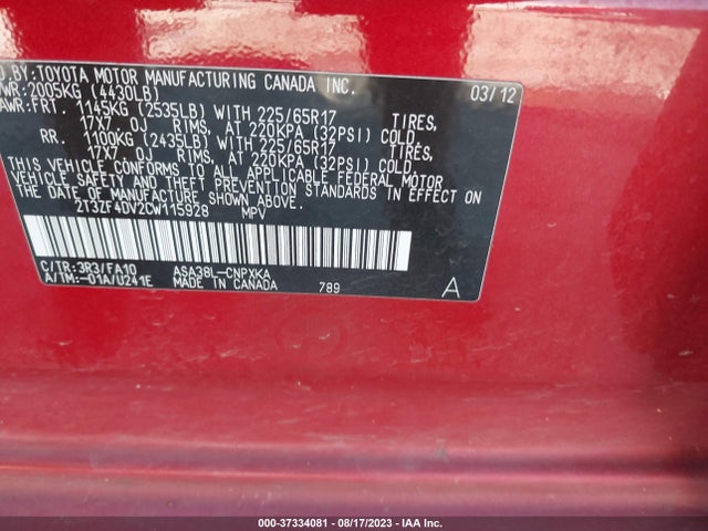 2012 TOYOTA RAV4 VIN: 2T3ZF4DV2CW115928