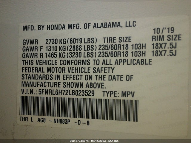 2020 HONDA ODYSSEY EX-L VIN: 5FNRL6H72LB023529