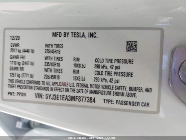 5YJ3E1EA3MF877384 Tesla Model 3 Standard Range Plus
