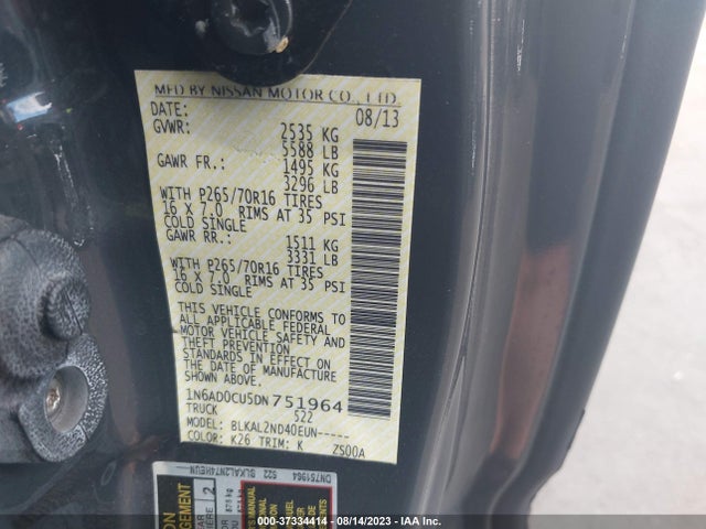 2013 NISSAN FRONTIER SV VIN: 1N6AD0CU5DN751964