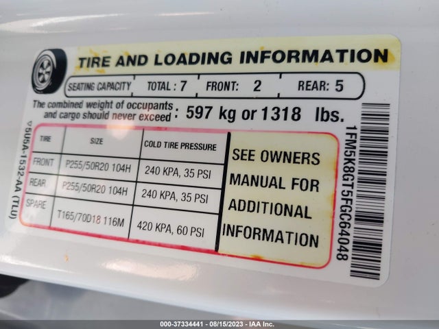 2015 FORD EXPLORER SPORT VIN: 1FM5K8GT5FGC64048