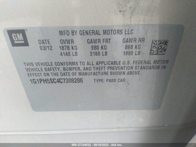 Aukcja sprzedaży 2012 Chevrolet Cruze Ltz, vin: 1G1PH5SC4C7308286, numer aukcji: 37334532