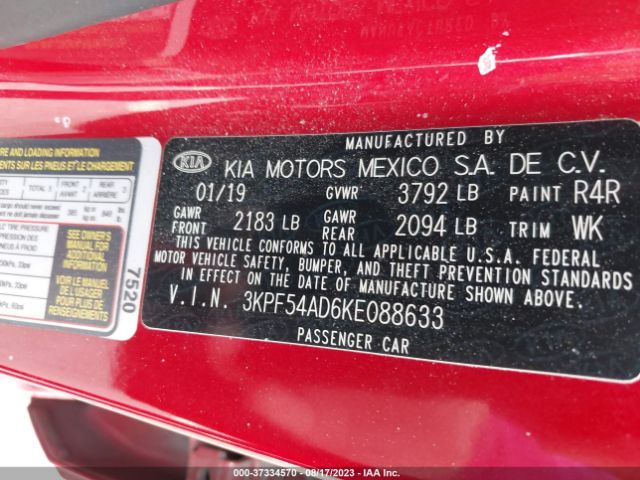 3KPF54AD6KE088633 KIA FORTE EX