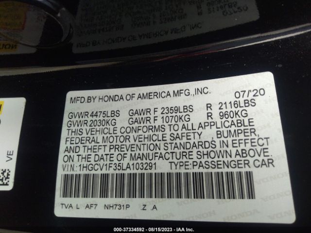 1HGCV1F35LA103291 Honda Accord Sedan Sport
