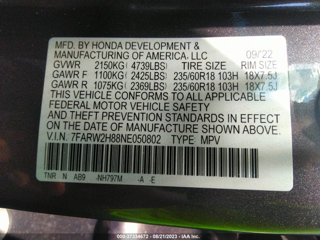 Honda Cr-v Ex-l 2022 7FARW2H88NE050802 Image 9