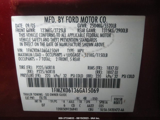 2006 FORD FREESTYLE LIMITED VIN: 1FMZK06136GA15069