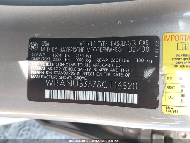 2008 BMW 5 SERIES 528I VIN: WBANU53578CT16520