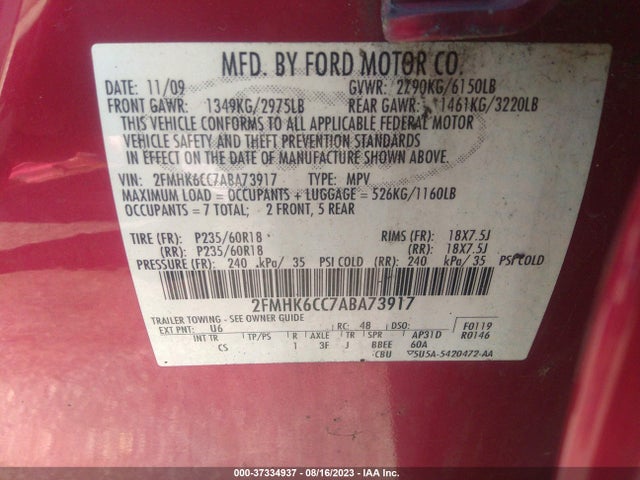 2010 FORD FLEX SEL VIN: 2FMHK6CC7ABA73917