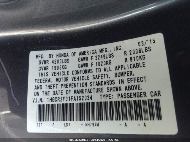 Honda Accord Sedan Lx 2015 1HGCR2F31FA152034 Image 9