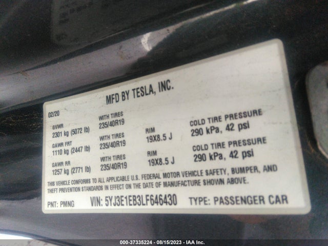 Tesla Model 3 Long Range 2020 5YJ3E1EB3LF646430 Image 8